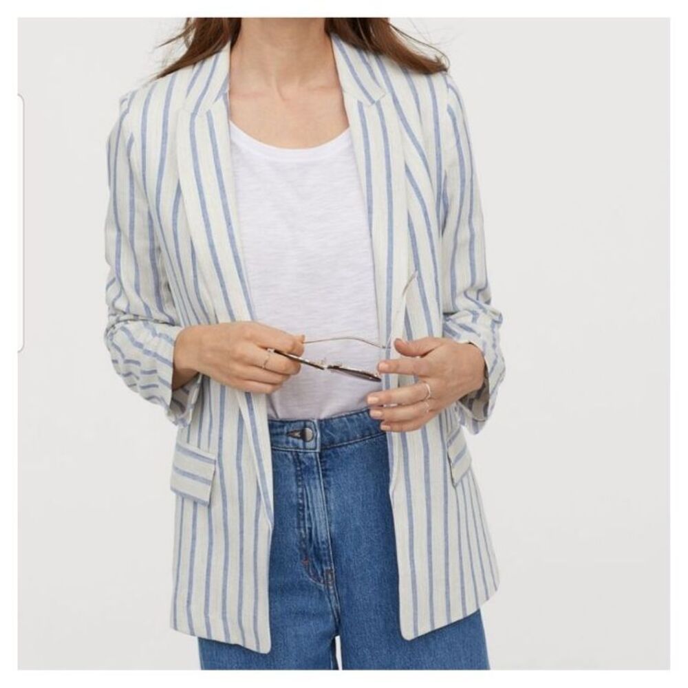 H&M Straight Cut Blazer In Blue & White Linen Stripe Nautical Yacht Rock Sz 2